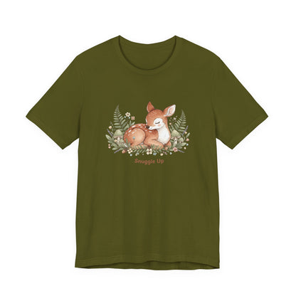 Snuggled Fawn Illustration Tee | cute animal illustration, winter forest art