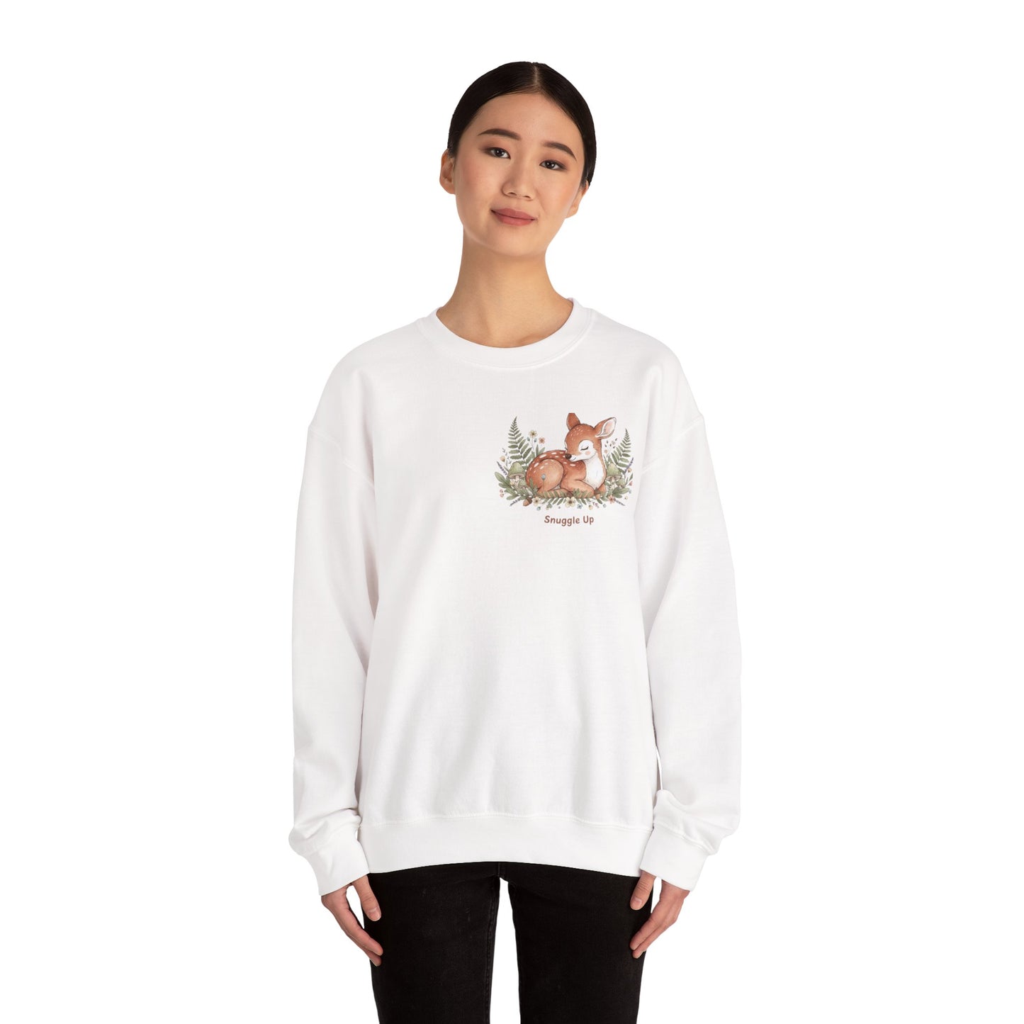 Cozy Winter Forest Fawn Crewneck Sweatshirt | cute animal illustration, cozy critter art