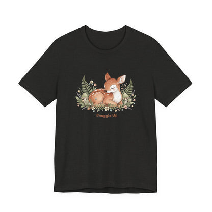 Snuggled Fawn Illustration Tee | cute animal illustration, winter forest art