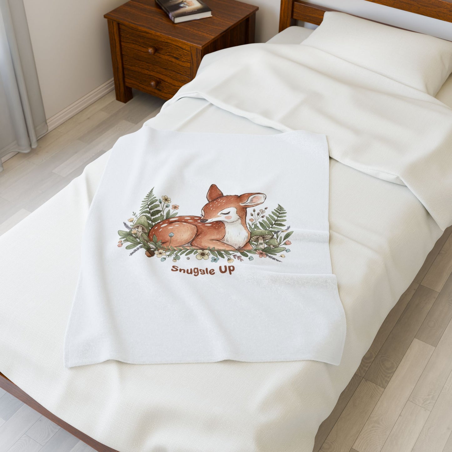 Sleeping Fawn Illustration Velveteen Plush Blanket | cute animal illustration, winter forest art