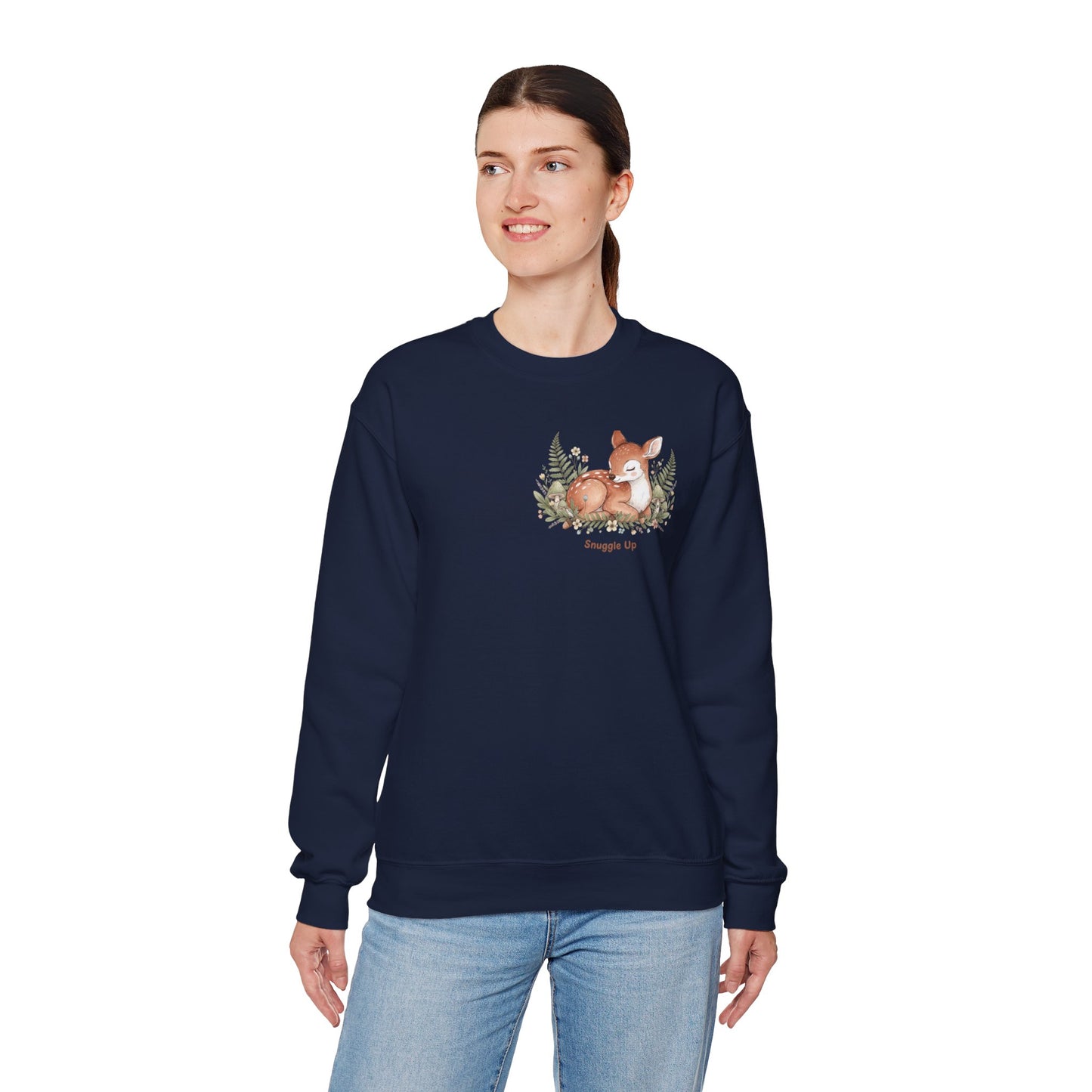 Cozy Winter Forest Fawn Crewneck Sweatshirt | cute animal illustration, cozy critter art