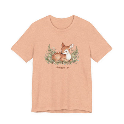 Snuggled Fawn Illustration Tee | cute animal illustration, winter forest art