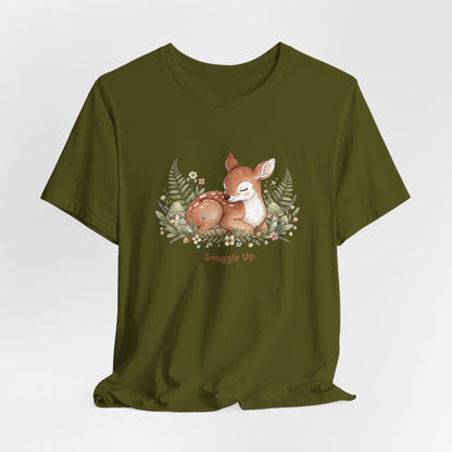 Snuggled Fawn Illustration Tee | cute animal illustration, winter forest art
