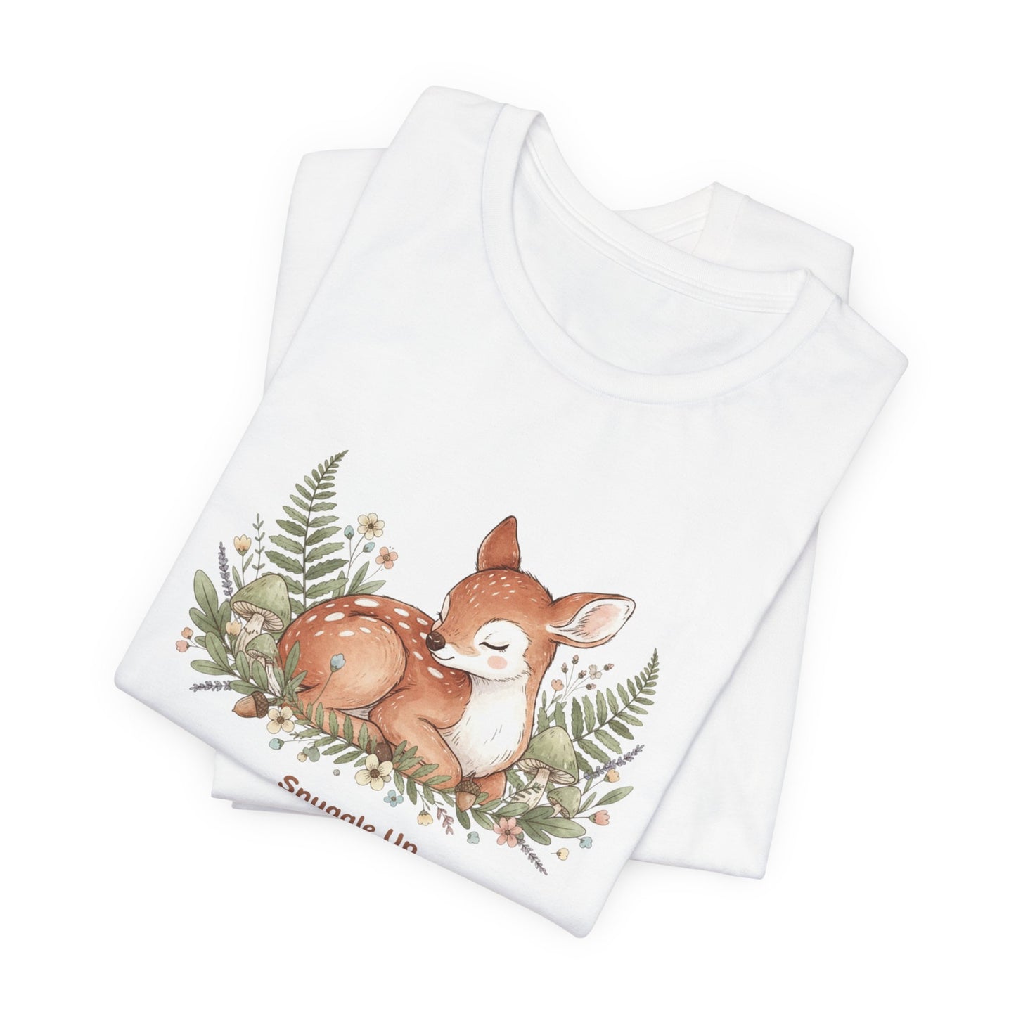 Snuggled Fawn Illustration Tee | cute animal illustration, winter forest art