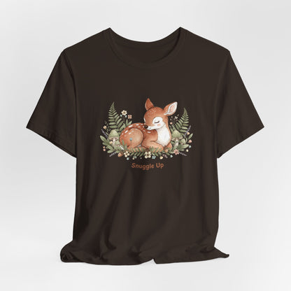 Snuggled Fawn Illustration Tee | cute animal illustration, winter forest art