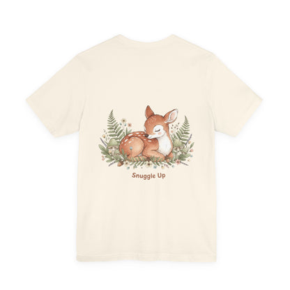 Snuggled Fawn Illustration Tee | cute animal illustration, winter forest art