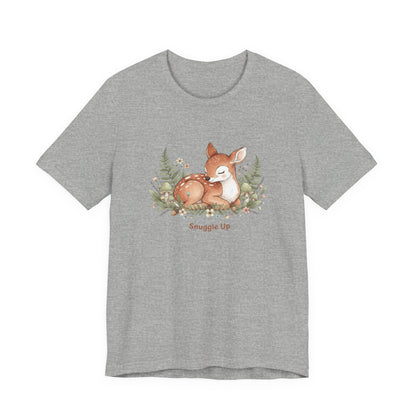 Snuggled Fawn Illustration Tee | cute animal illustration, winter forest art
