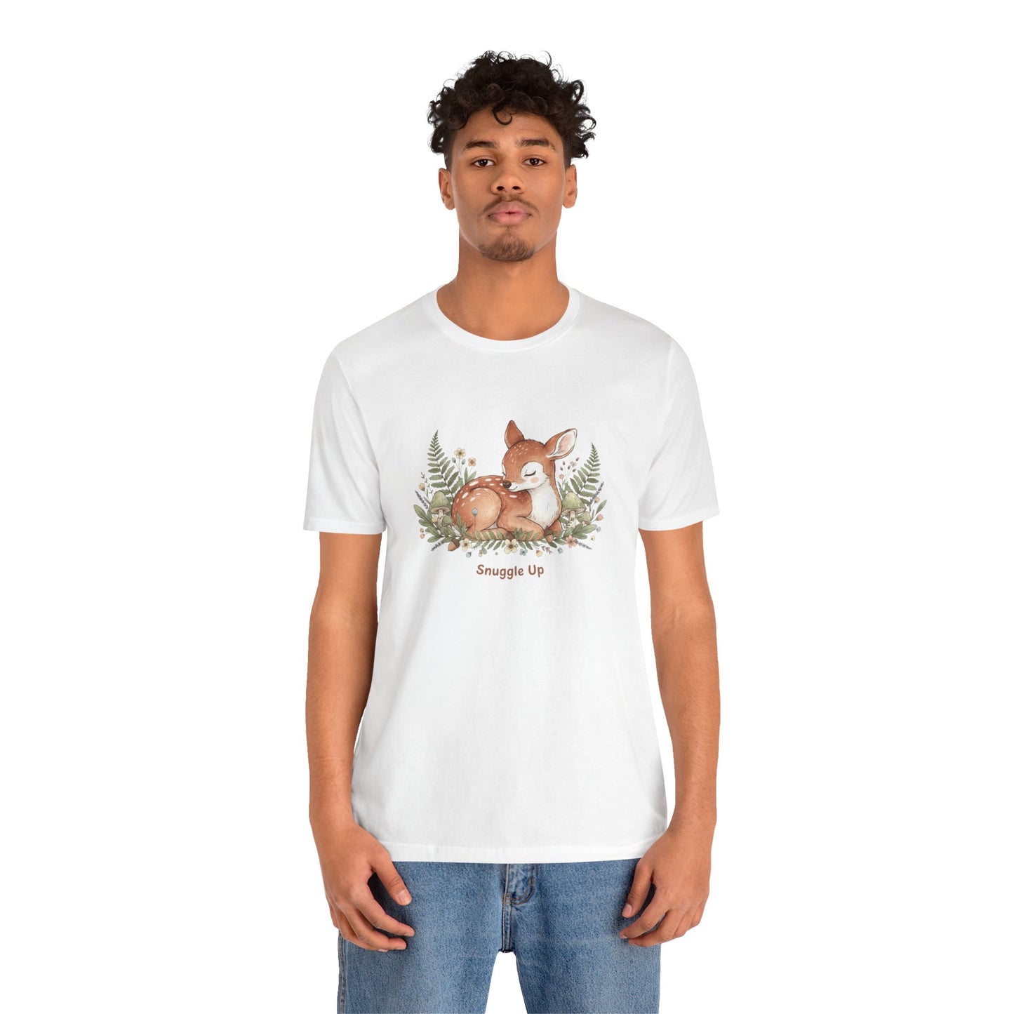 Snuggled Fawn Illustration Tee | cute animal illustration, winter forest art