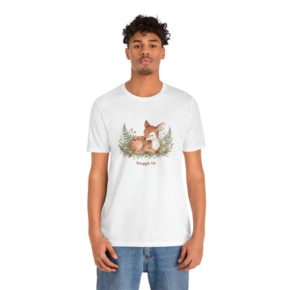 Snuggled Fawn Illustration Tee | cute animal illustration, winter forest art
