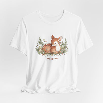 Snuggled Fawn Illustration Tee | cute animal illustration, winter forest art