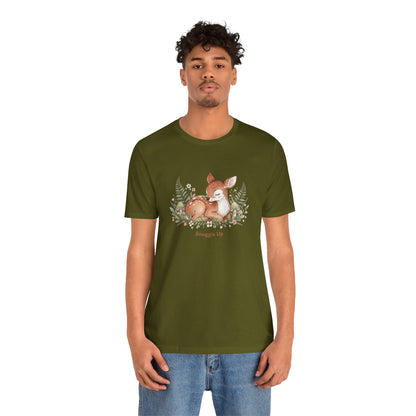 Snuggled Fawn Illustration Tee | cute animal illustration, winter forest art