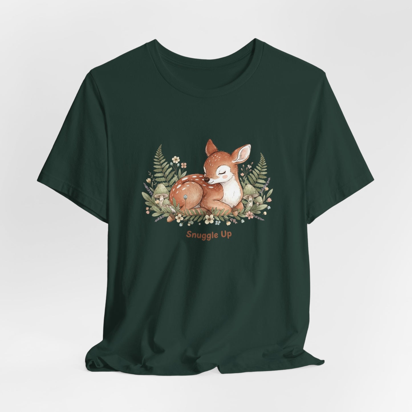 Snuggled Fawn Illustration Tee | cute animal illustration, winter forest art