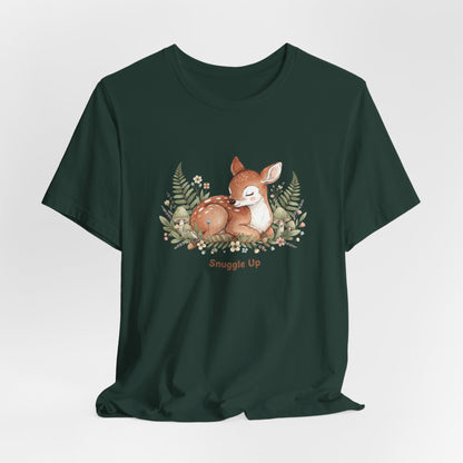 Snuggled Fawn Illustration Tee | cute animal illustration, winter forest art