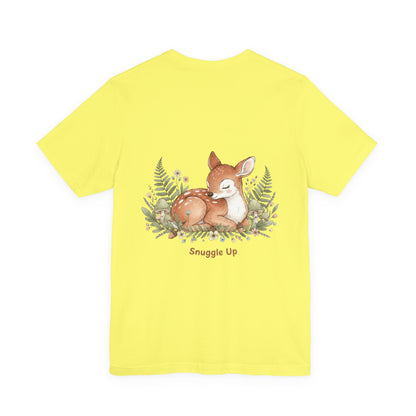 Snuggled Fawn Illustration Tee | cute animal illustration, winter forest art