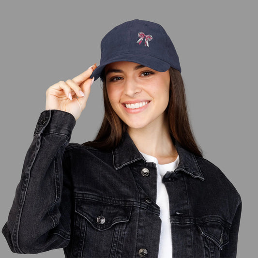 Corduroy Bow Cap — Vintage Embroidered Pink Ribbon Hat