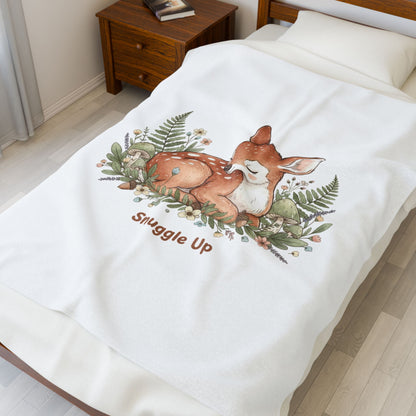 Sleeping Fawn Illustration Velveteen Plush Blanket | cute animal illustration, winter forest art