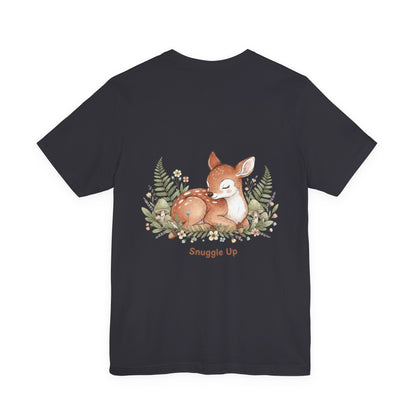 Snuggled Fawn Illustration Tee | cute animal illustration, winter forest art
