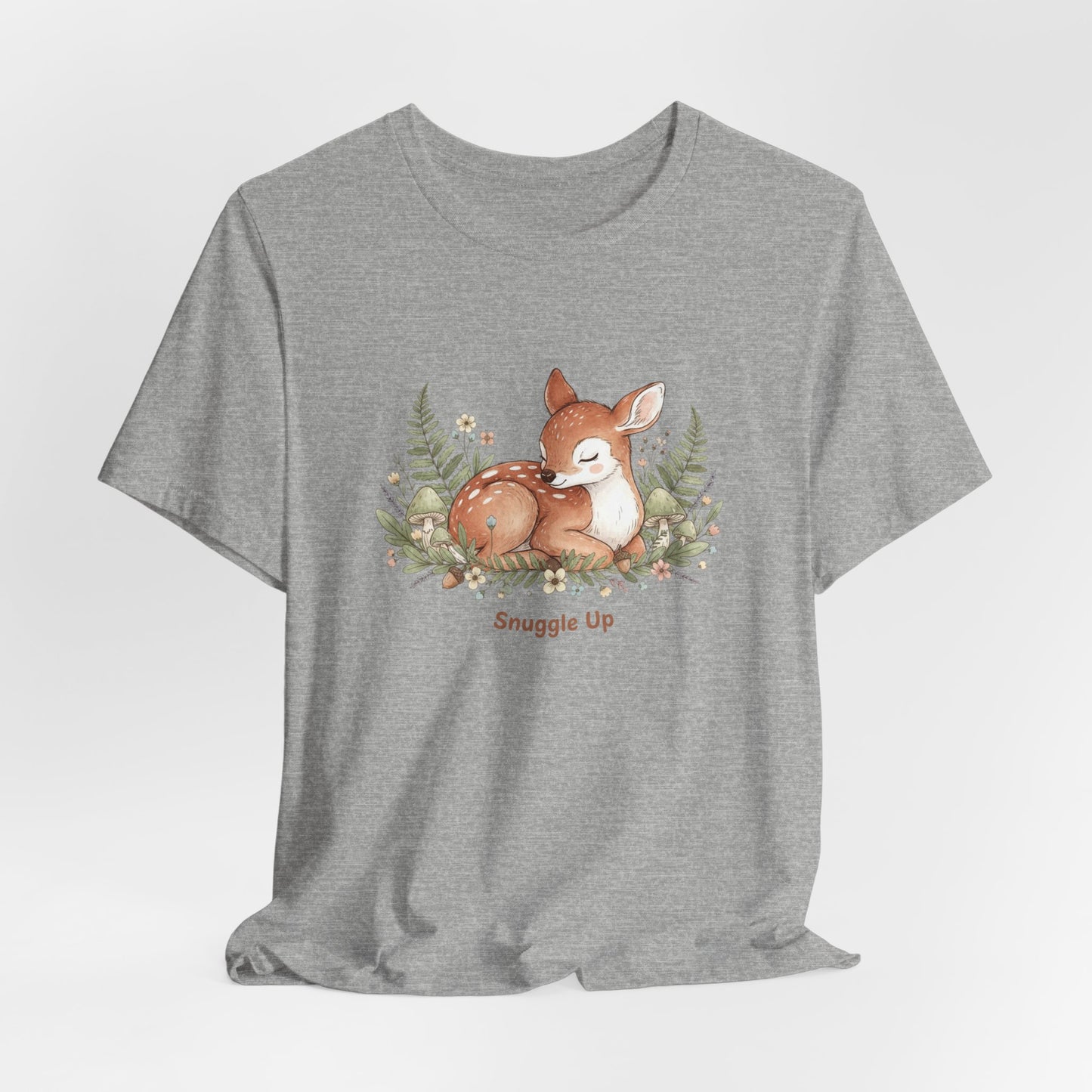 Snuggled Fawn Illustration Tee | cute animal illustration, winter forest art