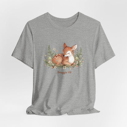 Snuggled Fawn Illustration Tee | cute animal illustration, winter forest art