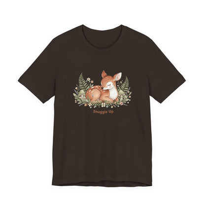 Snuggled Fawn Illustration Tee | cute animal illustration, winter forest art