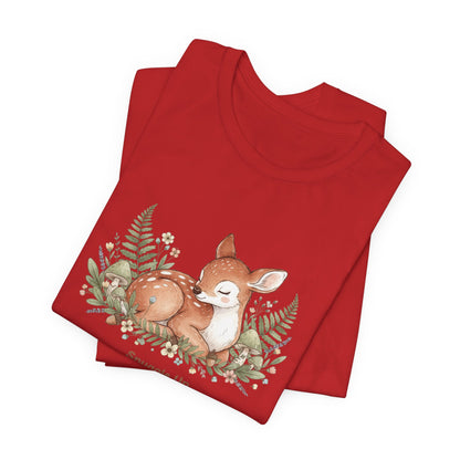 Snuggled Fawn Illustration Tee | cute animal illustration, winter forest art